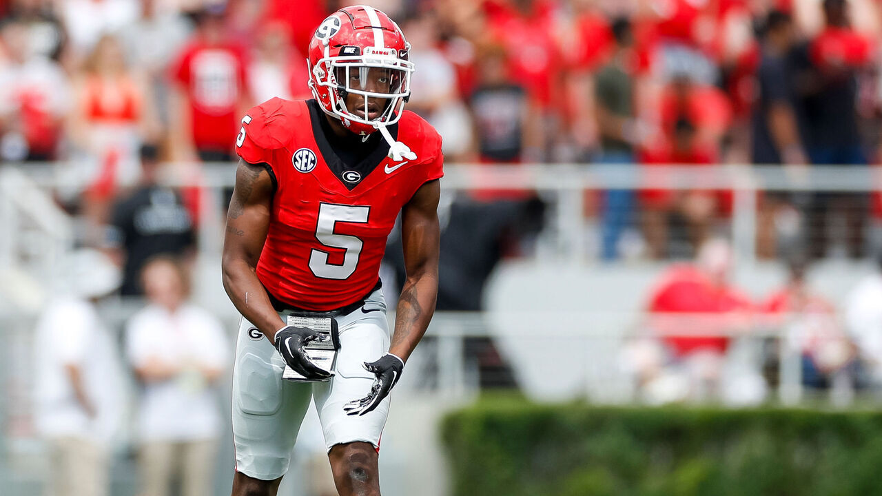 ATHENS, GEORGIA - SEPTEMBER 9: Rara Thomas #5 of the Georgia Bulldogs in an offensive stance in the first half during a game against the Ball State Cardinals at Sanford Stadium on September 9, 2023 in Athens, Georgia.