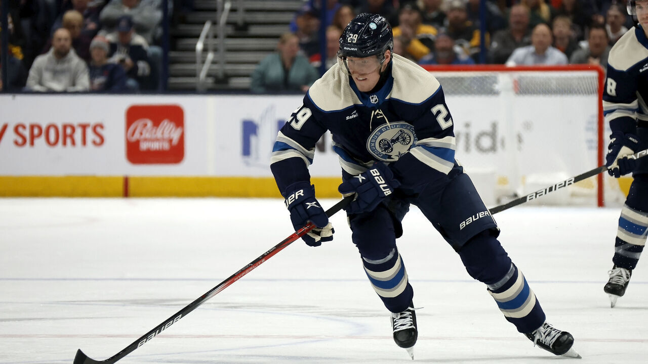 COLUMBUS, OHIO - NOVEMBER 14: Patrik Laine #29 of the Columbus Blue Jackets controls the puck during the game against the Pittsburgh Penguins at Nationwide Arena on November 14, 2023 in Columbus, Ohio. Pittsburgh defeated Columbus 5-3.
