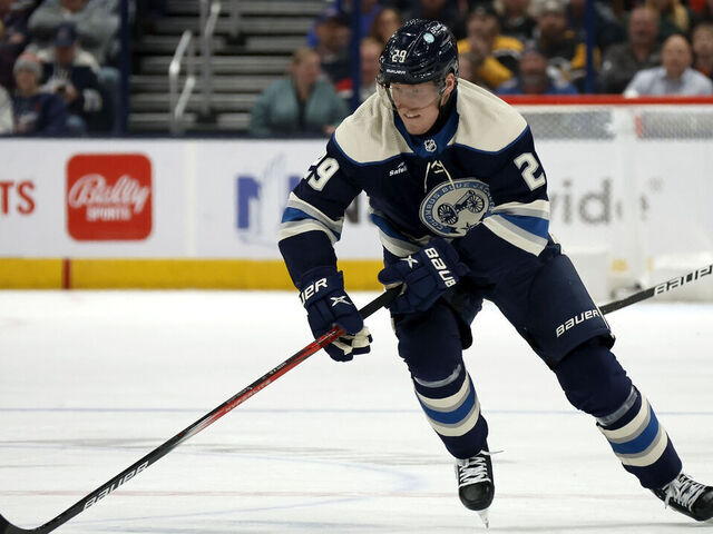 COLUMBUS, OHIO - NOVEMBER 14: Patrik Laine #29 of the Columbus Blue Jackets controls the puck during the game against the Pittsburgh Penguins at Nationwide Arena on November 14, 2023 in Columbus, Ohio. Pittsburgh defeated Columbus 5-3.