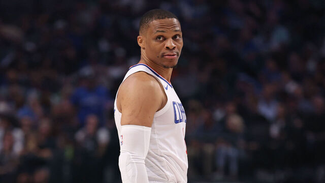 DALLAS, TX - MAY 3: Russell Westbrook #0 of the LA Clippers looks on during the game against the Dallas Mavericks during Round 1 Game 6 of the 2024 NBA Playoffs on May 3, 2024 at the American Airlines Center in Dallas, Texas. Mandatory Copyright Notice: Copyright 2024 NBAE