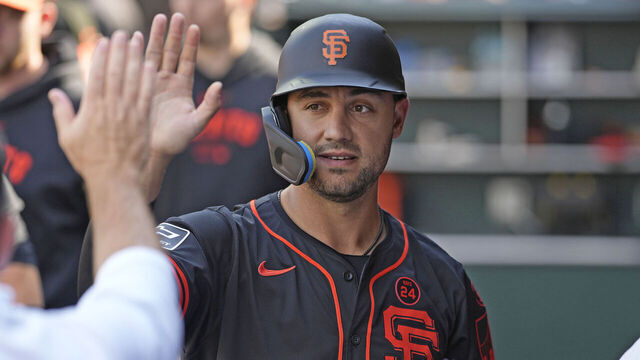 SAN FRANCISCO, CALIFORNIA - JULY 13: Michael Conforto #8 of the San Francisco Giants high fives teammates at Oracle Park on July 13, 2024 in San Francisco, California.