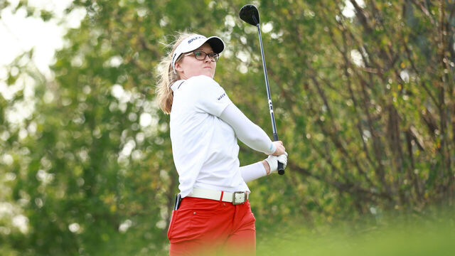 CALGARY, ALBERTA - JULY 26: Brooke Henderson of Canada plays her shot from the 13th tee during the second round of the CPKC Women's Open at Earl Grey Golf Club on July 26, 2024 in Calgary, Alberta.