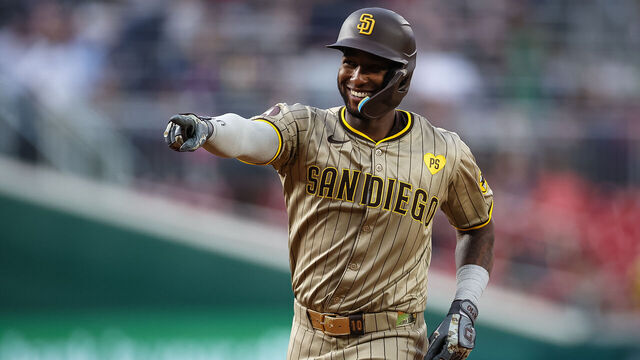 WASHINGTON, DC - JULY 23: Jurickson Profar #10 of the San Diego Padres points and smiles after hitting a solo home run against the Washington Nationals during the fifth inning at Nationals Park on July 23, 2024 in Washington, DC.