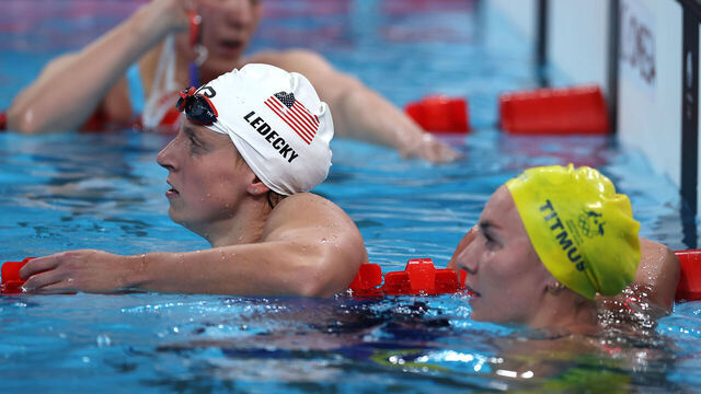 NANTERRE, FRANCE - JULY 27: Katie Ledecky of Team United States reacts after competing in the Women's 400m Freestyle Heats on day one of the Olympic Games Paris 2024 at Paris La Defense Arena on July 27, 2024 in Nanterre, France.