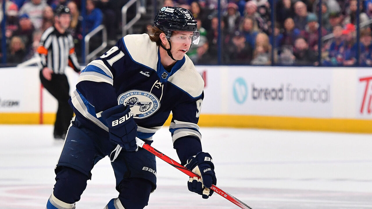 COLUMBUS, OHIO - FEBRUARY 25: Kent Johnson #91 of the Columbus Blue Jackets skates with the puck during the first period of a game against the New York Rangers at Nationwide Arena on February 25, 2024 in Columbus, Ohio.