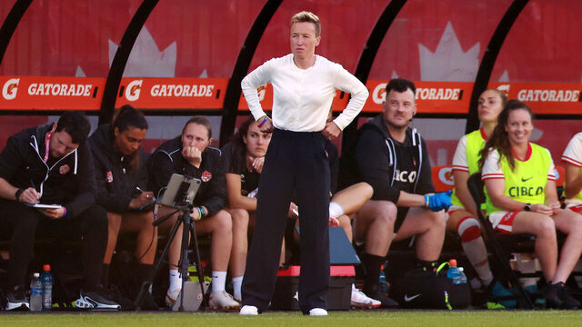 TORONTO, ON - JUNE 04: Bev Priestman Head Coach of Canada looks on during an International Friendly match against Mexico at BMO Field on June 4, 2024 in Toronto, Ontario, Canada.
