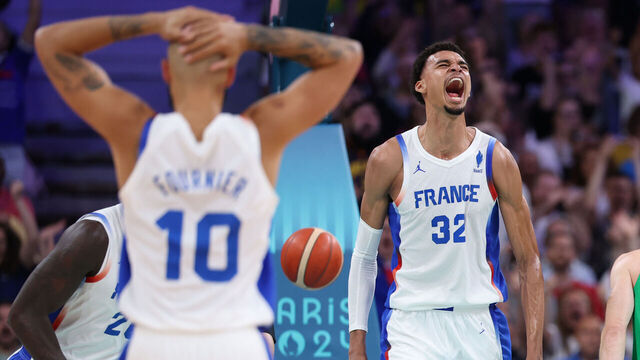 LILLE, FRANCE - JULY 27: Victor Wembanyama #32 of Team France reacts after a dunk during the Men's Group Phase - Group B game between France and Brazil on day one of the Olympic Games Paris 2024 at Stade Pierre Mauroy on July 27, 2024 in Lille, France.