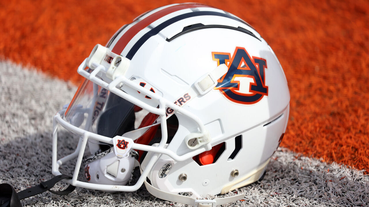 MOBILE, AL - FEBRUARY 01: A general view of a Auburn Tigers helmet during the American team practice for the Reese's Senior Bowl on February 1, 2024 at Hancock Whitney Stadium in Mobile, Alabama.