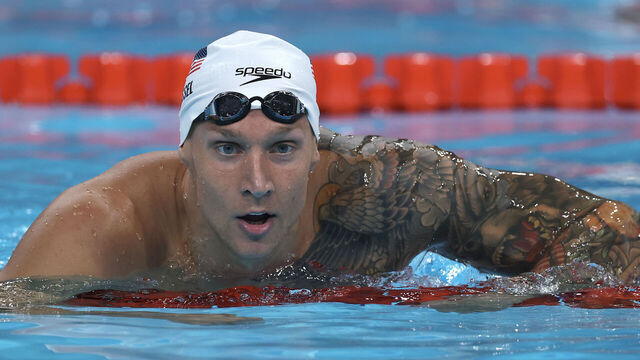 NANTERRE, FRANCE - JULY 27: Caeleb Dressel of Team United States reacts after competing in the Men's 4x100m Freestyle Relay Heats on day one of the Olympic Games Paris 2024 at Paris La Defense Arena on July 27, 2024 in Nanterre, France.