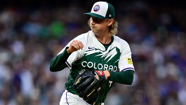 DENVER, COLORADO - JULY 20: Nick Mears #46 of the Colorado Rockies pitches against the San Francisco Giants in the seventh inning at Coors Field on July 20, 2024 in Denver, Colorado.