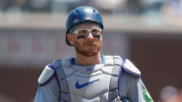 SAN FRANCISCO, CALIFORNIA - JULY 11: Catcher Danny Jansen #9 of the Toronto Blue Jays looks on during the game against the San Francisco Giants at Oracle Park on July 11, 2024 in San Francisco, California.
