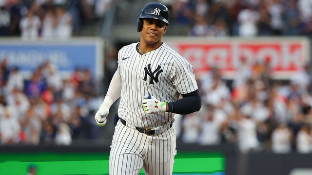 BRONX, NY - JULY 24: Juan Soto #22 of the New York Yankees rounds the bases after he hits a home run during the game against the New York Mets on July 24, 2024 at Yankee Stadium in the Bronx, New York.