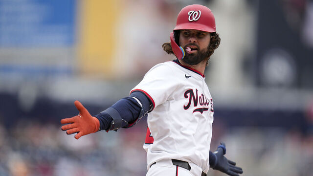 WASHINGTON, DC - JULY 04: Jesse Winker #6 of the Washington Nationals gestures as he runs the bases after hitting a home run against the New York Mets during the eighth inning at Nationals Park on July 04, 2024 in Washington, DC.