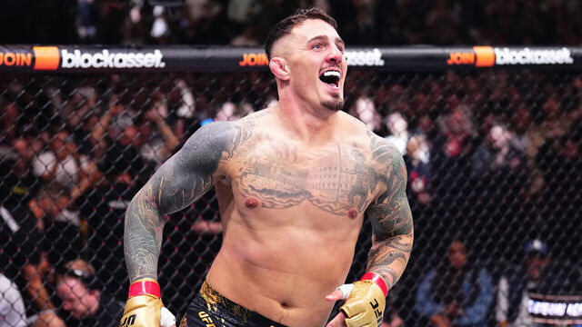 MANCHESTER, ENGLAND - JULY 27: Tom Aspinall of England reacts after his knockout victory against Curtis Blaydes in the interim UFC heavyweight championship bout during the UFC 304 event at Co-op Live on July 27, 2024 in Manchester, England.