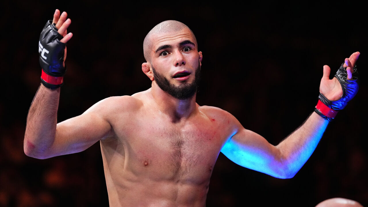 MANCHESTER, ENGLAND - JULY 27: Muhammad Mokaev of Russia reacts after a flyweight bout against Manel Kape of Angola during the UFC 304 event at Co-op Live on July 27, 2024 in Manchester, England.