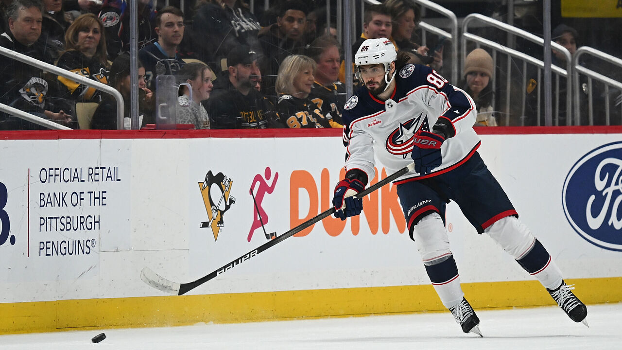 PITTSBURGH, PENNSYLVANIA - MARCH 28: Kirill Marchenko #86 of the Columbus Blue Jackets skates with the puck in the second period during the game against the Pittsburgh Penguins at PPG PAINTS Arena on March 28, 2024 in Pittsburgh, Pennsylvania.