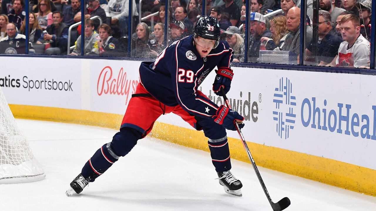 COLUMBUS, OHIO - OCTOBER 12: Patrik Laine #29 of the Columbus Blue Jackets skates with the puck during the first period of a game against the Philadelphia Flyers at Nationwide Arena on October 12, 2023 in Columbus, Ohio.