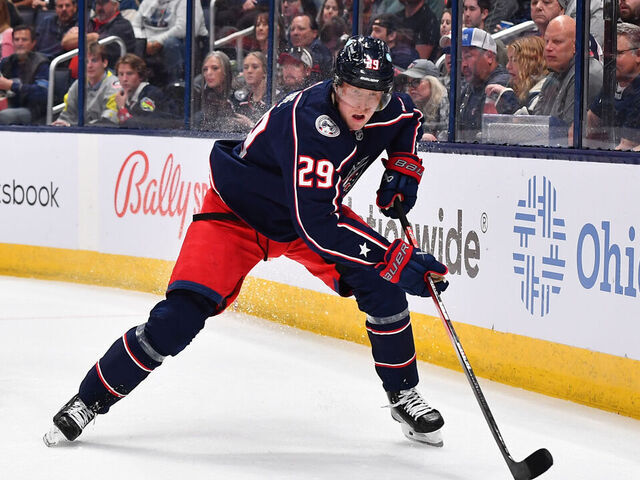 COLUMBUS, OHIO - OCTOBER 12: Patrik Laine #29 of the Columbus Blue Jackets skates with the puck during the first period of a game against the Philadelphia Flyers at Nationwide Arena on October 12, 2023 in Columbus, Ohio.