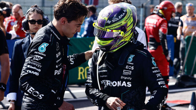 George Russell and Lewis Hamilton of Mercedes after the Formula 1 Belgian Grand Prix at Spa-Francorchamps in Spa, Belgium on July 27, 2024.