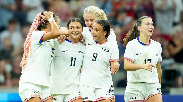 MARSEILLE, FRANCE - JULY 28: Sophia Smith #11 of the United States celebrates with teammates after scoring her team's third goal during the Women's group B match between United States and Germany during the Olympic Games Paris 2024 at Stade de Marseille on July 28, 2024 in Marseille, France.