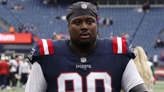 FOXBOROUGH, MA - SEPTEMBER 25: New England Patriots defensive end Christian Barmore (90) after a game between the New England Patriots and the Baltimore Ravens on September 25, 2022, at Gillette Stadium in Foxborough, Massachusetts.