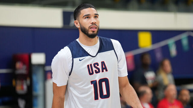 PARIS, FRANCE - JULY 27: Jayson Tatum #10 of the USA Men's National Team looks on during the USA Men's National Team practice at Palais des Sports Marcel-Cerdan on July 27, 2024 in Paris, France. NOTE TO USER: User expressly acknowledges and agrees that, by downloading and/or using this photograph, user is consenting to the terms and conditions of the Getty Images License Agreement. Mandatory Copyright Notice: Copyright 2024 NBAE