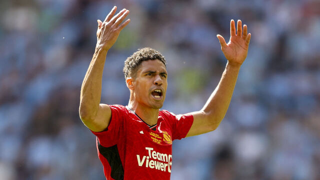 LONDON, ENGLAND - MAY 25: Raphaël Varane of Manchester United during the Emirates FA Cup Final match between Manchester City and Manchester United at Wembley Stadium on May 25, 2024 in London, England.