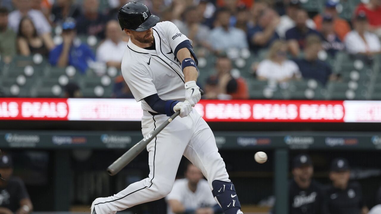 DETROIT, MI - JULY 9: Carson Kelly #15 of the Detroit Tigers bats against the Cleveland Guardians during the first inning at Comerica Park on July 9, 2024 in Detroit, Michigan.