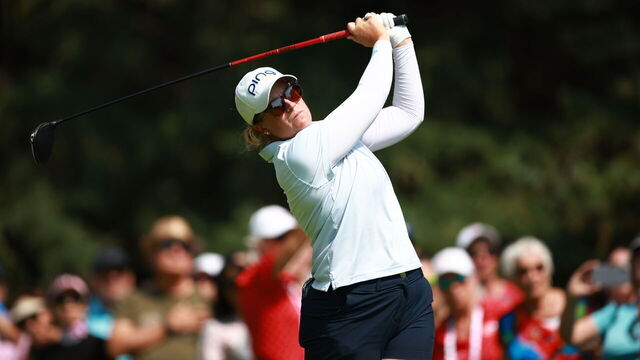 CALGARY, ALBERTA - JULY 28: Lauren Coughlin of the United States plays her shot from the second tee during the final round of the CPKC Women's Open at Earl Grey Golf Club on July 28, 2024 in Calgary, Alberta.