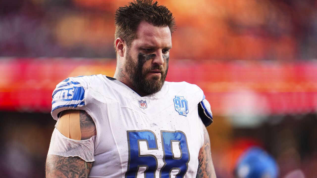 SANTA CLARA, CA - JANUARY 28: Taylor Decker #68 of the Detroit Lions runs off of the field during the NFC Championship NFL football game against the San Francisco 49ers at Levi's Stadium on January 28, 2024 in Santa Clara, California.