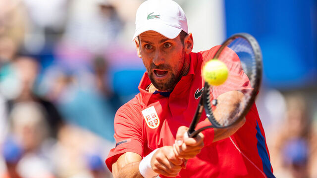 Novak Djokovic is playing during the Men's Singles Second Round match against Rafael Nadal on the Olympic Games Paris 2024 at Roland Garros in Paris, France on July 29, 2024.