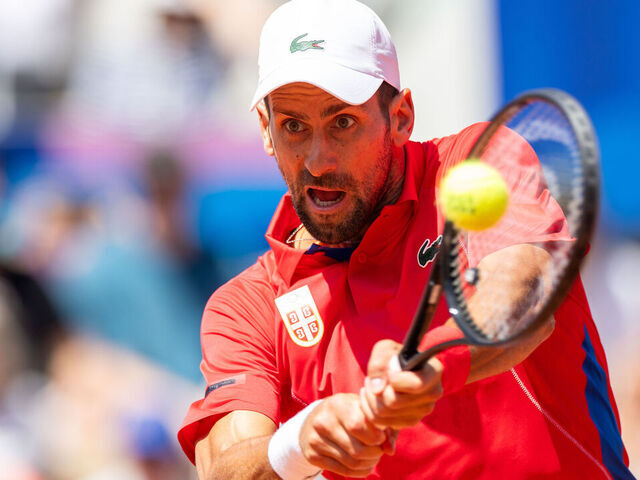Novak Djokovic is playing during the Men's Singles Second Round match against Rafael Nadal on the Olympic Games Paris 2024 at Roland Garros in Paris, France on July 29, 2024.