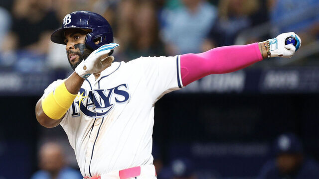 ST PETERSBURG, FLORIDA - JULY 11: Yandy Díaz #2 of the Tampa Bay Rays hits a double during the third inning against the New York Yankees at Tropicana Field on July 11, 2024 in St Petersburg, Florida.