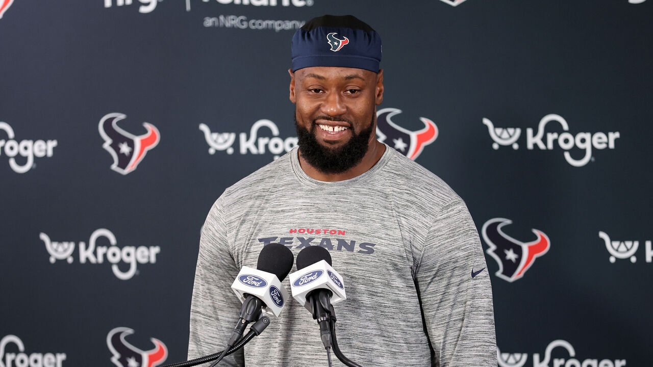HOUSTON, TEXAS - JUNE 05: Denico Autry #96 of the Houston Texans speaks with media during mandatory minicamp at Houston Methodist Training Center on June 05, 2024 in Houston, Texas.