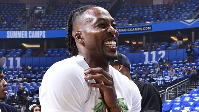 ORLANDO, FL - MAY 3: Dwight Howard smiles during the game between the Cleveland Cavaliers and the Orlando Magic during Round One Game Six of the 2024 NBA Playoffs on May 3, 2024 at the Kia Center in Orlando, Florida. Mandatory Copyright Notice: Copyright 2024 NBAE