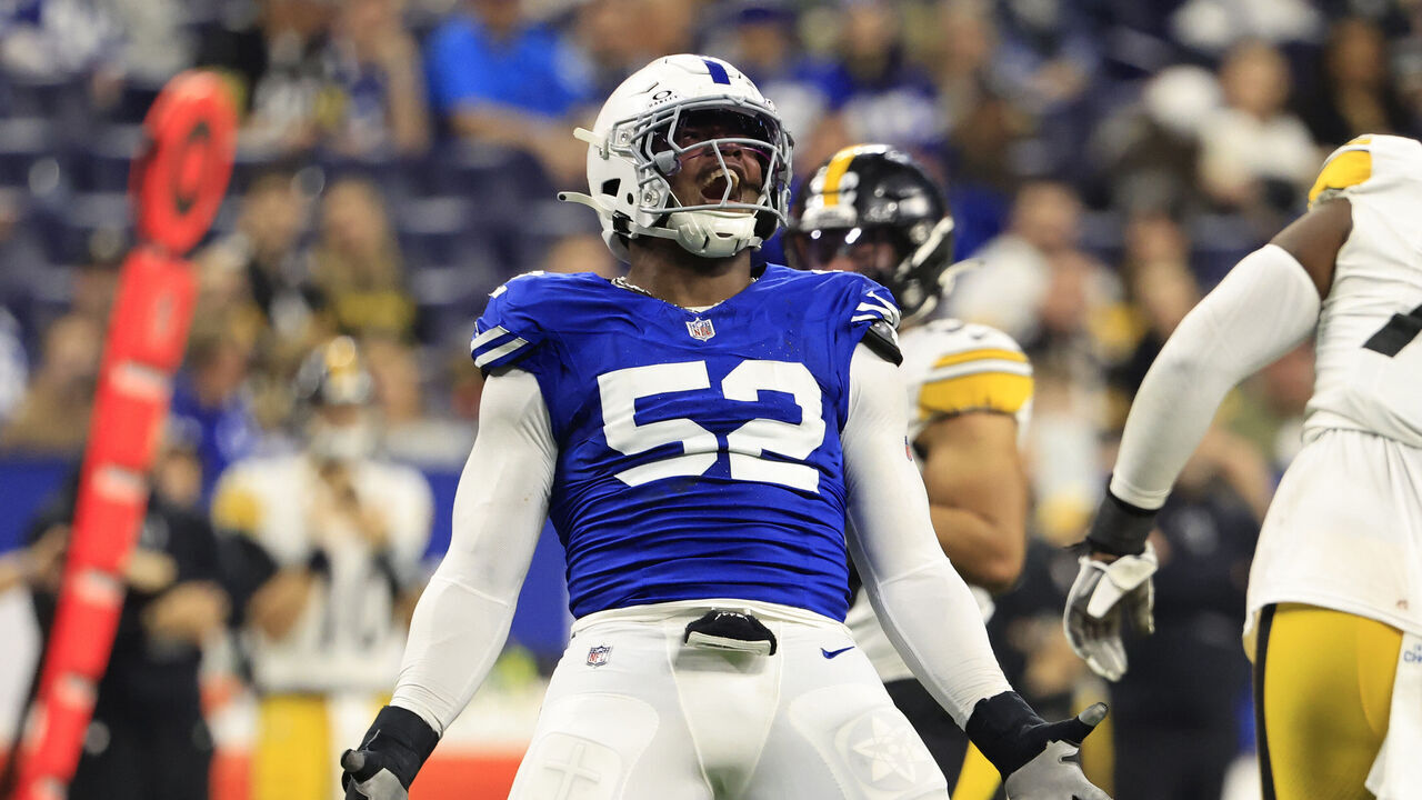 INDIANAPOLIS, INDIANA - DECEMBER 16: Samson Ebukam #52 of the Indianapolis Colts reacts in the game against the Pittsburgh Steelers at Lucas Oil Stadium on December 16, 2023 in Indianapolis, Indiana.