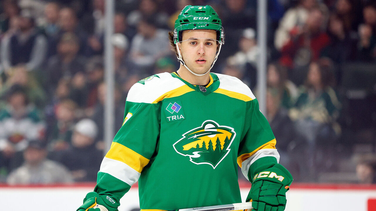 ST PAUL, MINNESOTA - MARCH 30: Brock Faber #7 of the Minnesota Wild looks on against the Vegas Golden Knights in the first period at Xcel Energy Center on March 30, 2024 in St Paul, Minnesota.