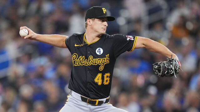 TORONTO, ON - JUNE 2: Quinn Priester #46 of the Pittsburgh Pirates pitches to the Toronto Blue Jays during the first inning in their MLB game at the Rogers Centre on June 2, 2024 in Toronto, Ontario, Canada.