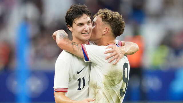 MARSEILLE, FRANCE - JULY 27: Paxten Aaronson #11 of the United States celebrates with Griffin Yow #9 after playing New Zealand in the Men's group A match during the Olympic Games Paris 2024 at Stade de Marseille on July 27, 2024 in Marseille, France.