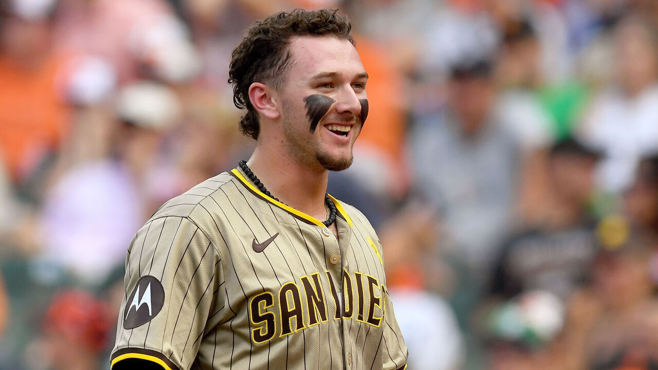 BALTIMORE, MD - JULY 27: Padres center fielder Jackson Merrill (3) smiles and celebrates after scoring a run during the San Diego Padres versus Baltimore Orioles Major League Baseball (MLB) game on July 27, 2024 at Orioles Park at Camden Yards in Baltimore, MD.
