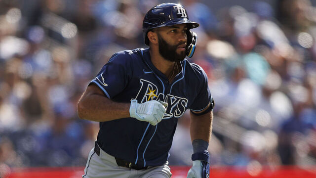 TORONTO, CANADA - JULY 25: Amed Rosario #10 of the Tampa Bay Rays runs out a double in the seventh inning of their MLB game against the Toronto Blue Jays at Rogers Centre on July 25, 2024 in Toronto, Ontario, Canada.