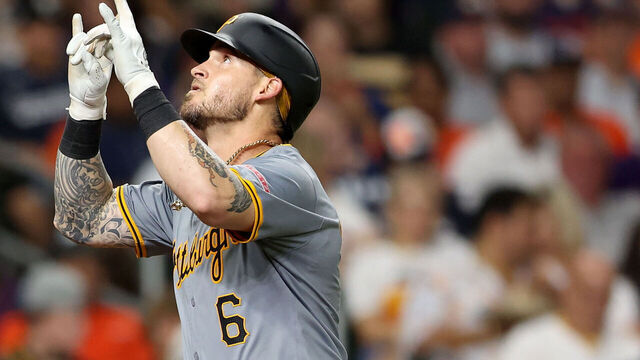 HOUSTON, TEXAS - JULY 29: Yasmani Grandal #6 of the Pittsburgh Pirates celebrates after a solo home run in sixth inning against the Houston Astros at Minute Maid Park on July 29, 2024 in Houston, Texas.