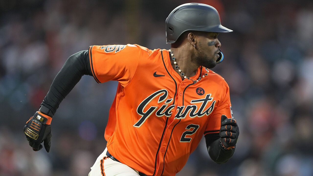 SAN FRANCISCO, CALIFORNIA - JULY 12: Jorge Soler #2 of the San Francisco Giants runs up the first base line after hitting an rbi single scoring Brett Wisely #0 against the Minnesota Twins in the bottom of the fifth inning at Oracle Park on July 12, 2024 in San Francisco, California.