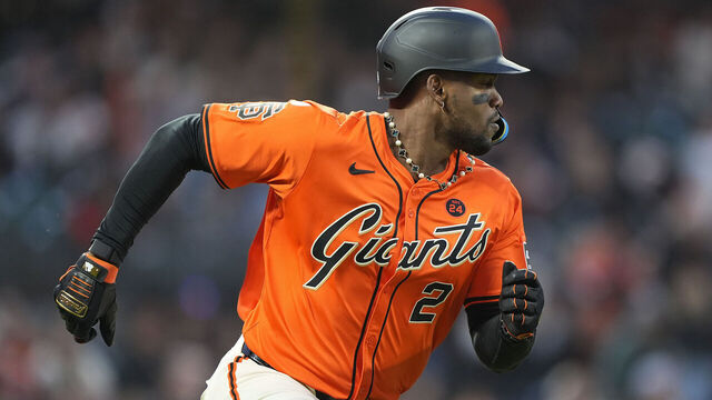 SAN FRANCISCO, CALIFORNIA - JULY 12: Jorge Soler #2 of the San Francisco Giants runs up the first base line after hitting an rbi single scoring Brett Wisely #0 against the Minnesota Twins in the bottom of the fifth inning at Oracle Park on July 12, 2024 in San Francisco, California.