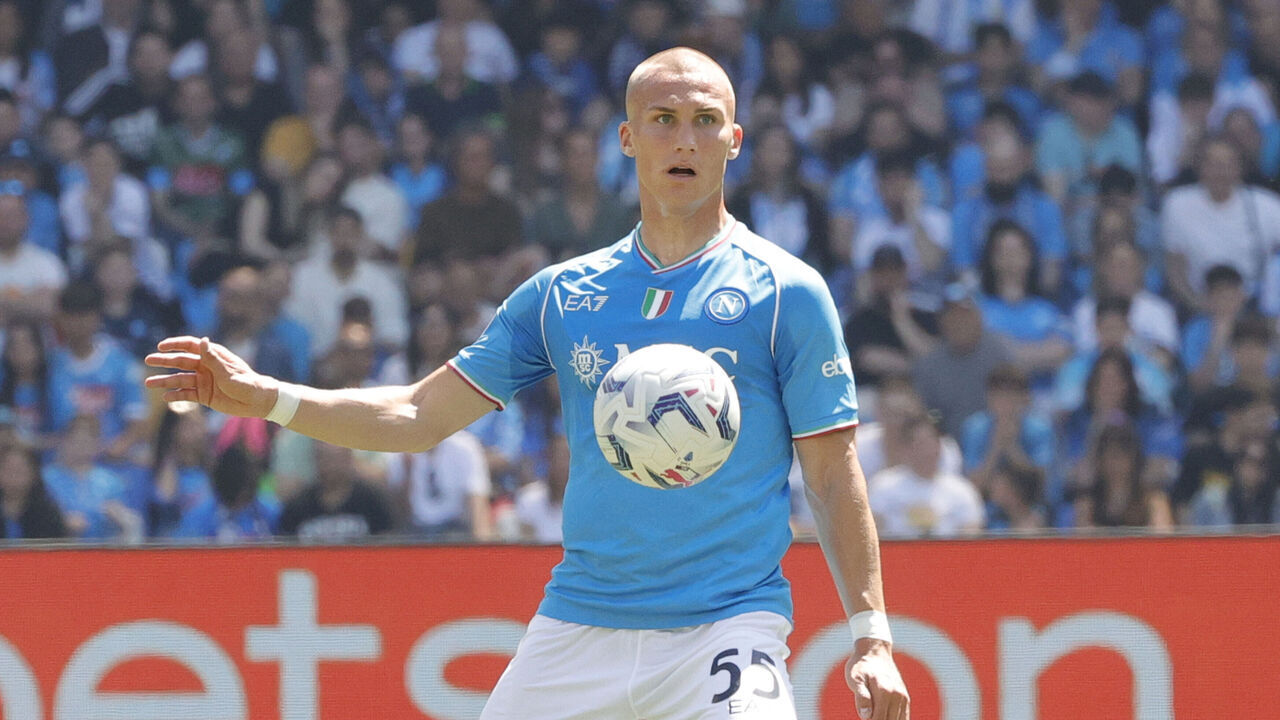 Leo Ostigard of Napoli is looking on during the Serie A soccer match between SSC Napoli and Frosinone Calcio FC at Stadio Maradona in Naples, Italy, on April 14, 2024.