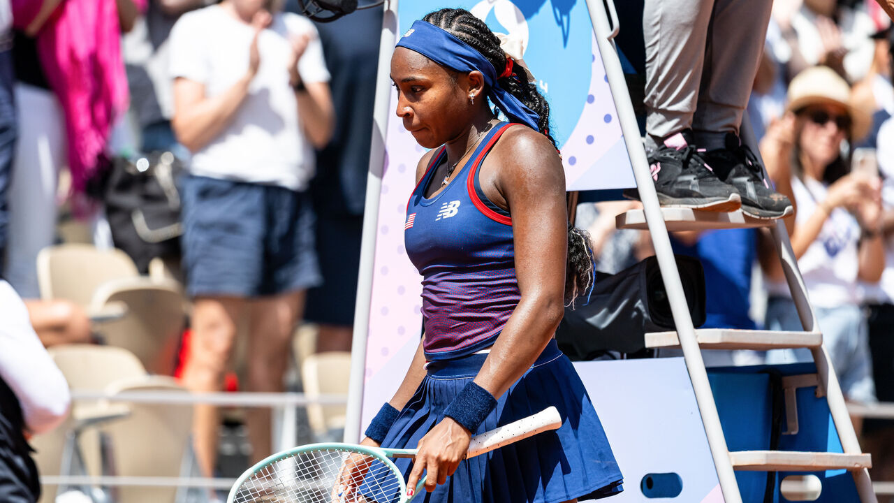 PARIS, FRANCE - JULY 30: Coco Gauff of USA looks dejected after her defeat on day four of the Olympic Games Paris 2024 at Roland Garros on July 30, 2024 in Paris, France.