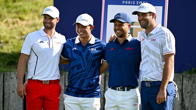 Paris , France - 30 July 2024; Team USA golfers, from left, Wyndham Clark, Collin Morikawa, Xander Schauffele and Scottie Scheffler pose for a photo during a practice round ahead of the men's golf singles at Le Golf National during the 2024 Paris Summer Olympic Games in Paris, France.