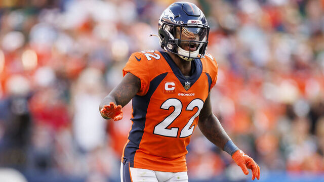 DENVER, COLORADO - OCTOBER 22: Kareem Jackson #22 of the Denver Broncos defends in coverage during an NFL football game against the Green Bay Packers at Empower Field At Mile High on October 22, 2023 in Denver, Colorado.