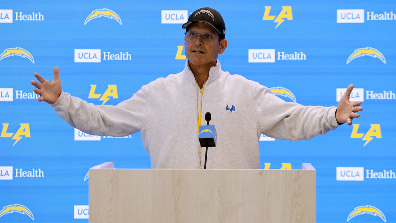 EL SEGUNDO, CALIFORNIA - JULY 29: Head coach Jim Harbaugh of the Los Angeles Chargers speaks during a news conference after a training session at The Bolt on July 29, 2024 in El Segundo, California.