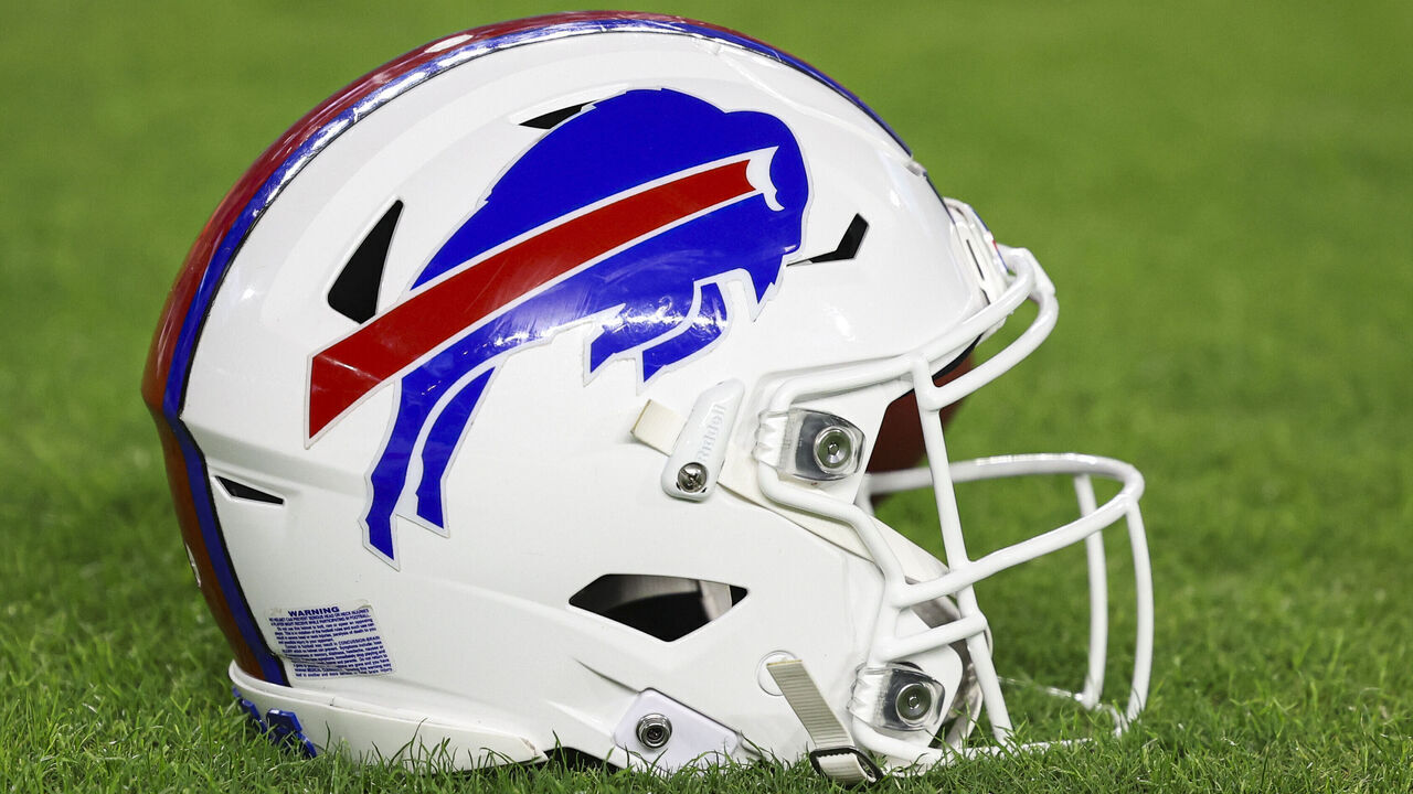 MIAMI GARDENS, FL - JANUARY 07: Detailed view of a Buffalo Bills helmet prior to an NFL football game between the Buffalo Bills and the Miami Dolphins at Hard Rock Stadium on January 7, 2024 in Miami Gardens, Florida.